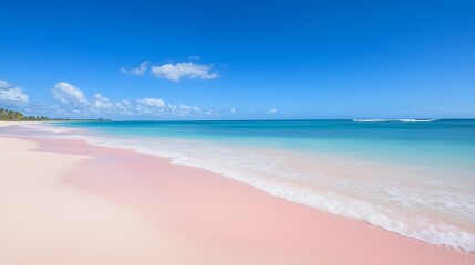 Tranquil pink sand beach with turquoise ocean and clear blue sky