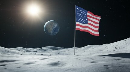 Usa flag on lunar surface with earth in background under sunlight