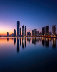 Obraz premium Cityscape skyline reflected on calm water at dusk