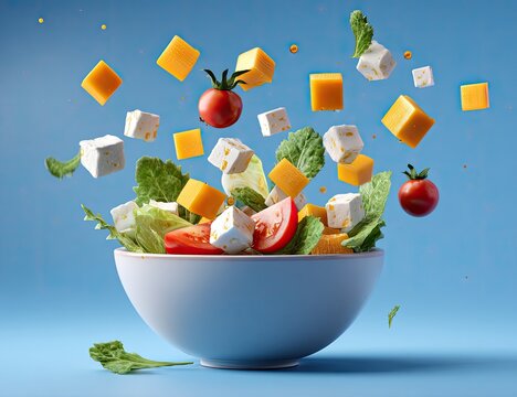 Floating salad with cheese, tomatoes, greens on blue