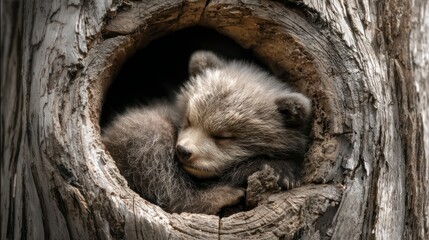 Baby bear napping in tree hollow