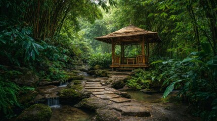 Naklejka premium Bamboo gazebo peaceful garden