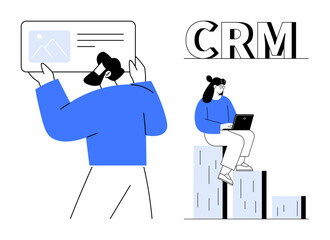 Professional reviewing data on a board, colleague using a laptop on chart steps. Ideal for business, analytics, teamwork, growth, planning, management technology. Simple flat metaphor