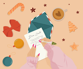 Christmas illustration with woman writing letter to Santa, festive holiday composition with envelope, coffee cup, cookies, candy cane, bow, baubles and decorations, cozy winter vector greeting card