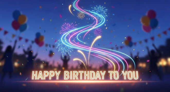 Joyful birthday celebration with colorful neon light trails and spectacular fireworks lighting up a festive outdoor party, creating a magical atmosphere for all