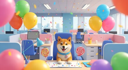 Adorable Shiba Inu celebrates an office milestone amidst colorful balloons and festive confetti, bringing joy and a unique charm to the workplace environment