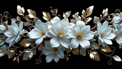 Elegant white and gold flowers with decorative leaves on a black
