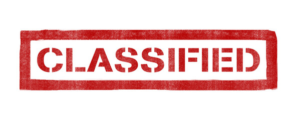 Red stamped CLASSIFIED text in bold stencil typography. Military-style marking ideal for confidential documents, security themes, and restricted content.
