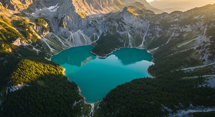 Aerial view of turquoise lake surrounded by majestic mountains at sunset