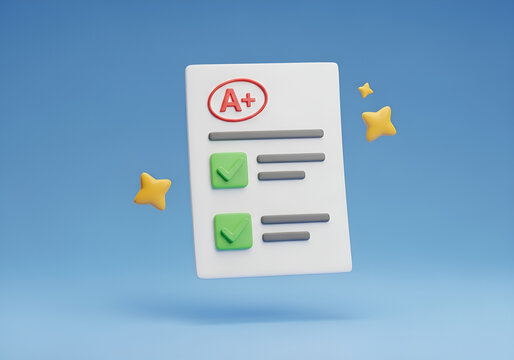 3d render of excellent exam results with an a+ grade and green checkmarks floating