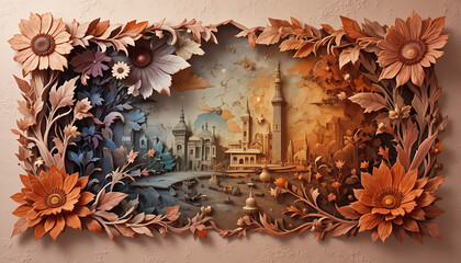 Fantasy city diorama in papercraft style with a floral frame.