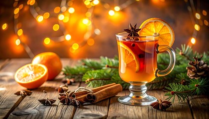 Festive Holiday Beverage with Orange Slices, Spices, and Decorative Lighting