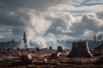 Deforestation area with tree trunks and stumps. Environmental destruction. Ecological problem. Global warming. Climate change. Biodiversity loss. Human impact on nature. Forest exploitation
