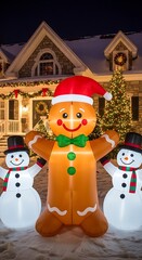 Christmas Inflatable Gingerbread Man and Snowmen Decorated House.