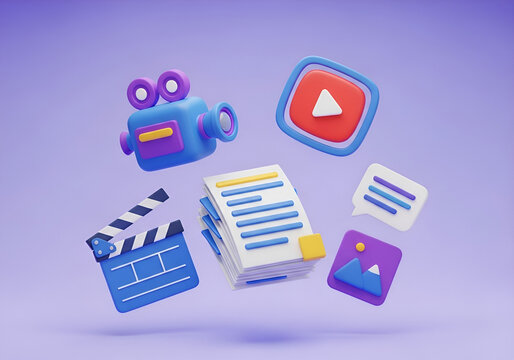 3d rendered icons for video editing media and document management software