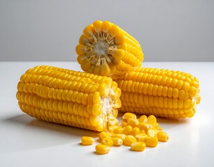 Three ears of yellow corn, kernels scattered