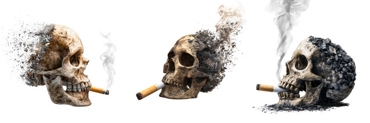Set of A wilted cigarette forming into a human skull made of smoke on transparent png background. Ai generated