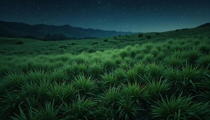 Lush green grassy hills under a starry night sky with mountains