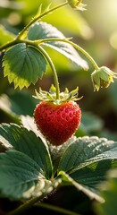 Ripe Strawberry on Vine, Close-up, Fresh, Healthy, Garden.