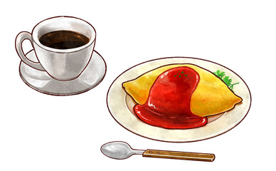 オムライスとコーヒーのラスターイラスト