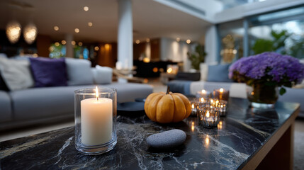 An autumn-themed coffee table displaying elegant candles, decorative stones and seasonal elements, capturing the essence of fall and creating a warm, inviting atmosphere for gatherings.
