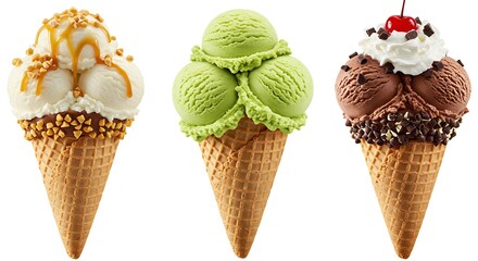 Delicious ice cream cones with various flavors and toppings on white background