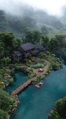 Fototapeta premium Misty mountaintop house nestled beside a tranquil river, surrounded by lush greenery and a meticulously landscaped garden with a wooden footbridge
