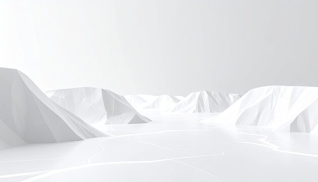 Minimalist digital rendering of a white, low-polygonal mountain range under a bright, almost featureless sky.  The scene is stark and serene - Powered by Adobe