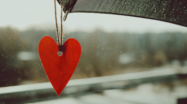A red heart hanging from a window - Powered by Adobe