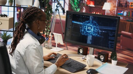 Obraz premium Overjoyed programmer happily clapping hands after finishing maintenance on neural networks. IT expert doing ecstatic fist pump in air hand gesture after successful checkup on AI systems, camera B