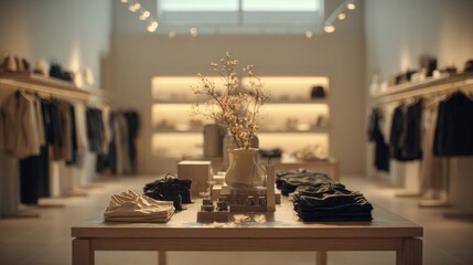 Medium shot inside a minimalist boutique capturing a central display table in sharp focus with the rest of the themed interior softly blurred to accentuate product arrangement.