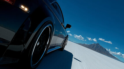 A black car is driving down a snowy road with a mountain in the background