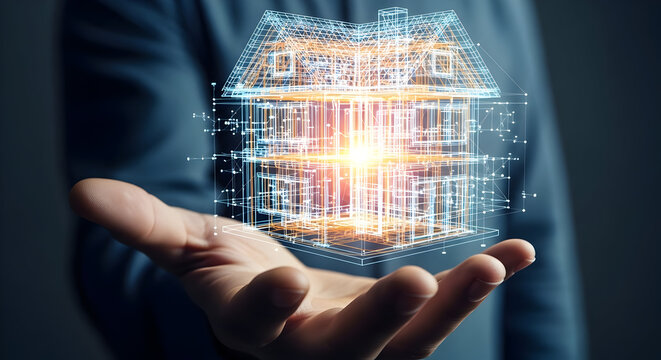 Digital Blueprint of a House Illuminated in Hand: Futuristic Real Estate Concept
