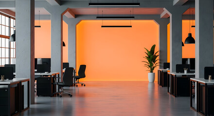 Modern Industrial Office Interior with Orange Accent Wall, Desks, and Sleek Lighting Design