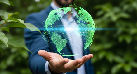 Man's Hand Holding a Glowing Green Digital Globe Representing Global Connection and Technology in Nature