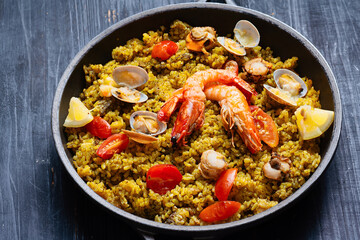 pan of spanish seafood paella
