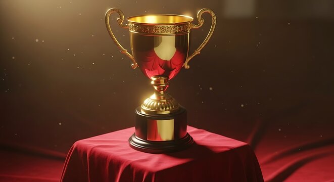 Golden Trophy Award on Red Cloth.