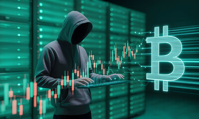 Cybersecurity Hacker in a Hooded Sweatshirt Manipulating Cryptocurrency Market Data with a Keyboard in a Data Center