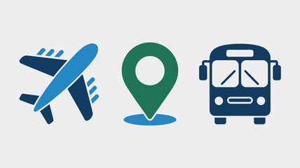 Set of transportation icons including airplane location pin and bus simple flat vector design element for web and mobile apps isolated on white background