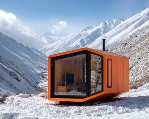 Modern Orange Cabin in Snowy Mountains
