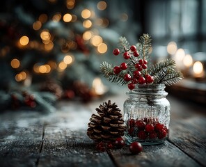 A rustic holiday setting featuring a wooden table pine branches and a jar filled with bright winter berries beside golden bokeh lights