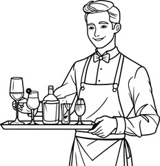 Black thick outline with white background, Minimal outline of a waiter serving tray with drinks 2