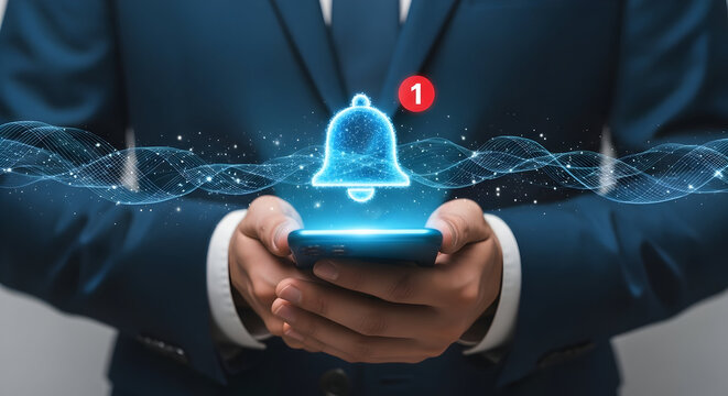 Businessman's Hands Holding Smartphone with Notification Bell Icon and Number One Alert, Tech Concept