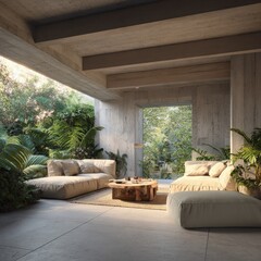 Modern Concrete Living Room With Tropical Garden View