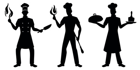 Vector Silhouette Set of Chefs Cooking Stirring and Presenting Dish