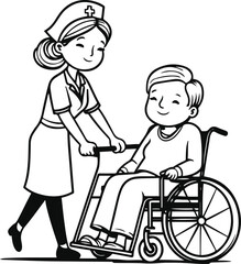 Black thick outline with white background, Single line art of a nurse pushing wheelchair 1