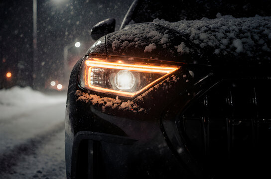Car in the snow at night with headlights on
