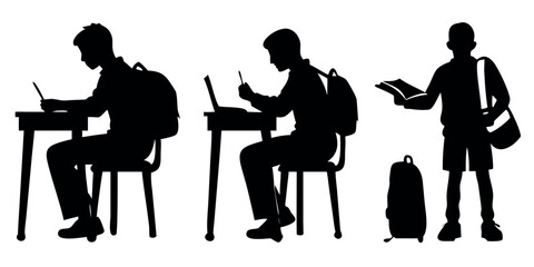 Vector Silhouette Set of Students Reading Carrying Backpack and Writing Notes