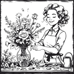 Black thick outline with white background, Line drawing of a florist arranging flowers in vase 1