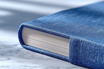 Closeup Of Blue Denim Book Cover On Marble Surface
